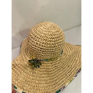 August Straw Sun Hat OS Tan Floral Trim Wide Brim Flower Accent Womens
